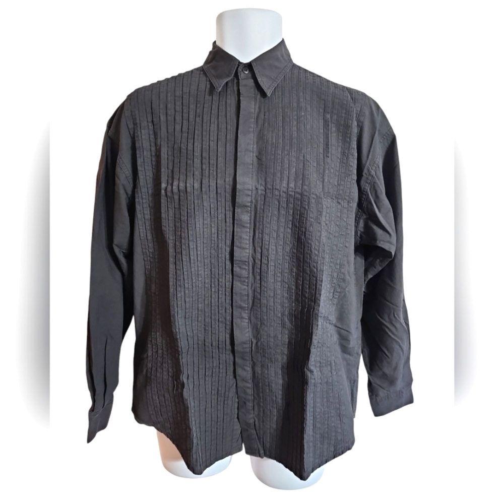 International Male Men Small Black Cotton Pleated Tuxedo Shirt 80s 90s Retro - Picture 2 of 7
